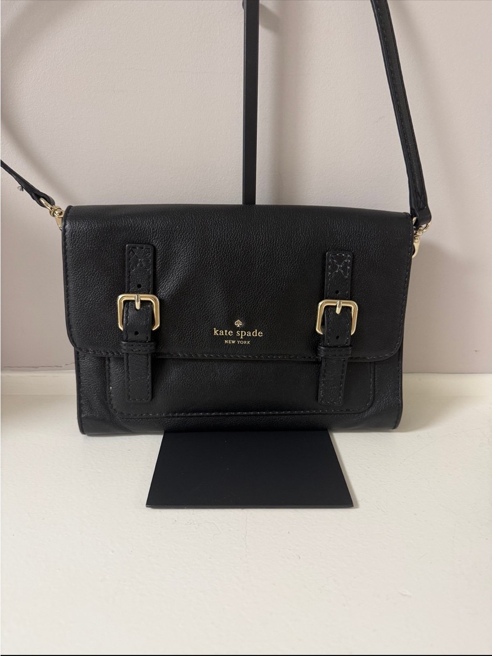 kate spade black leather buckle-front crossbody bag!